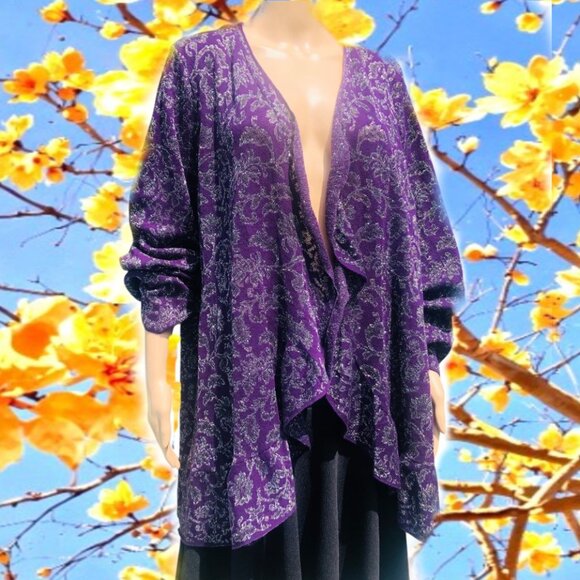 CATHERINES Cascade Open Front Purple Silver Floral Pattern Cardigan Sz 2X NEW - Picture 1 of 4